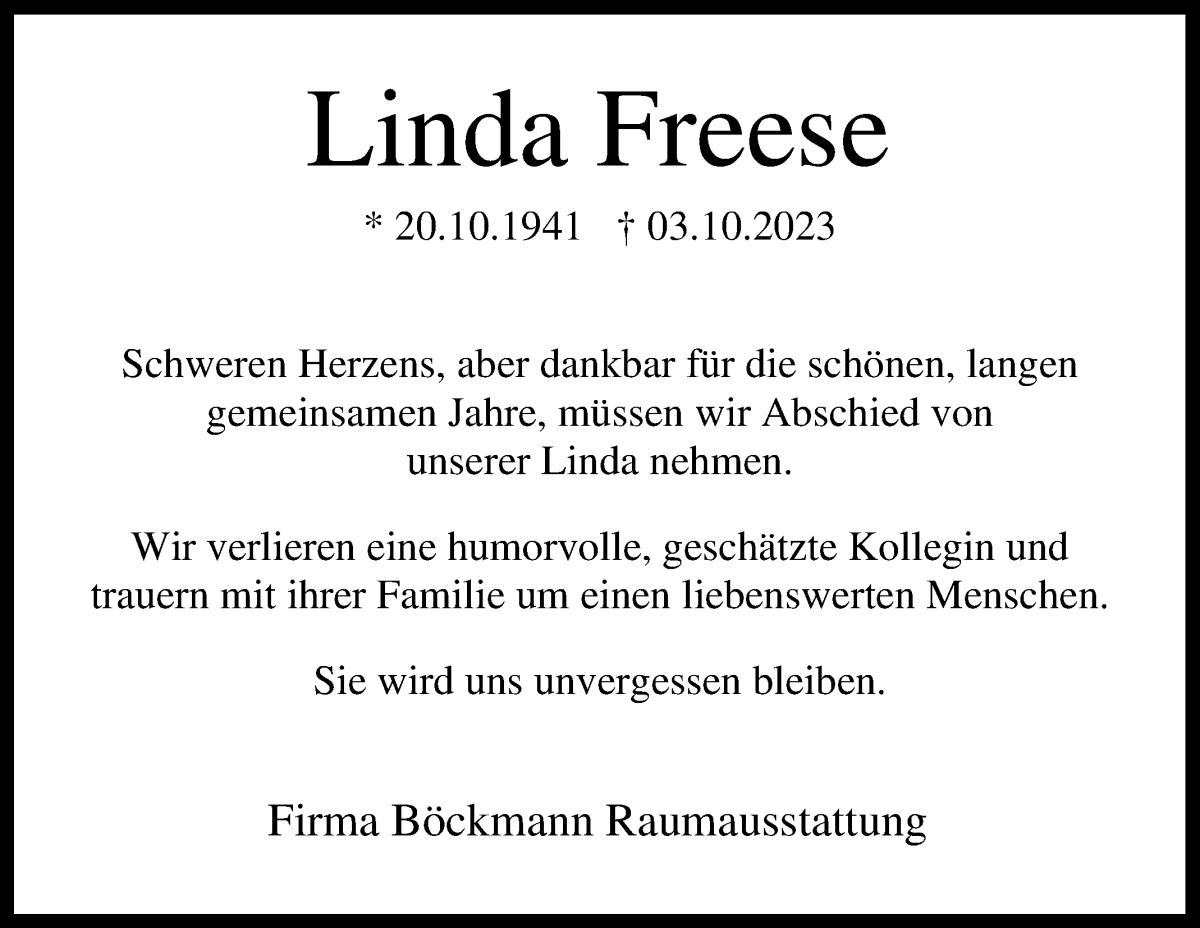 Traueranzeige von Linda Freese von WESER-KURIER