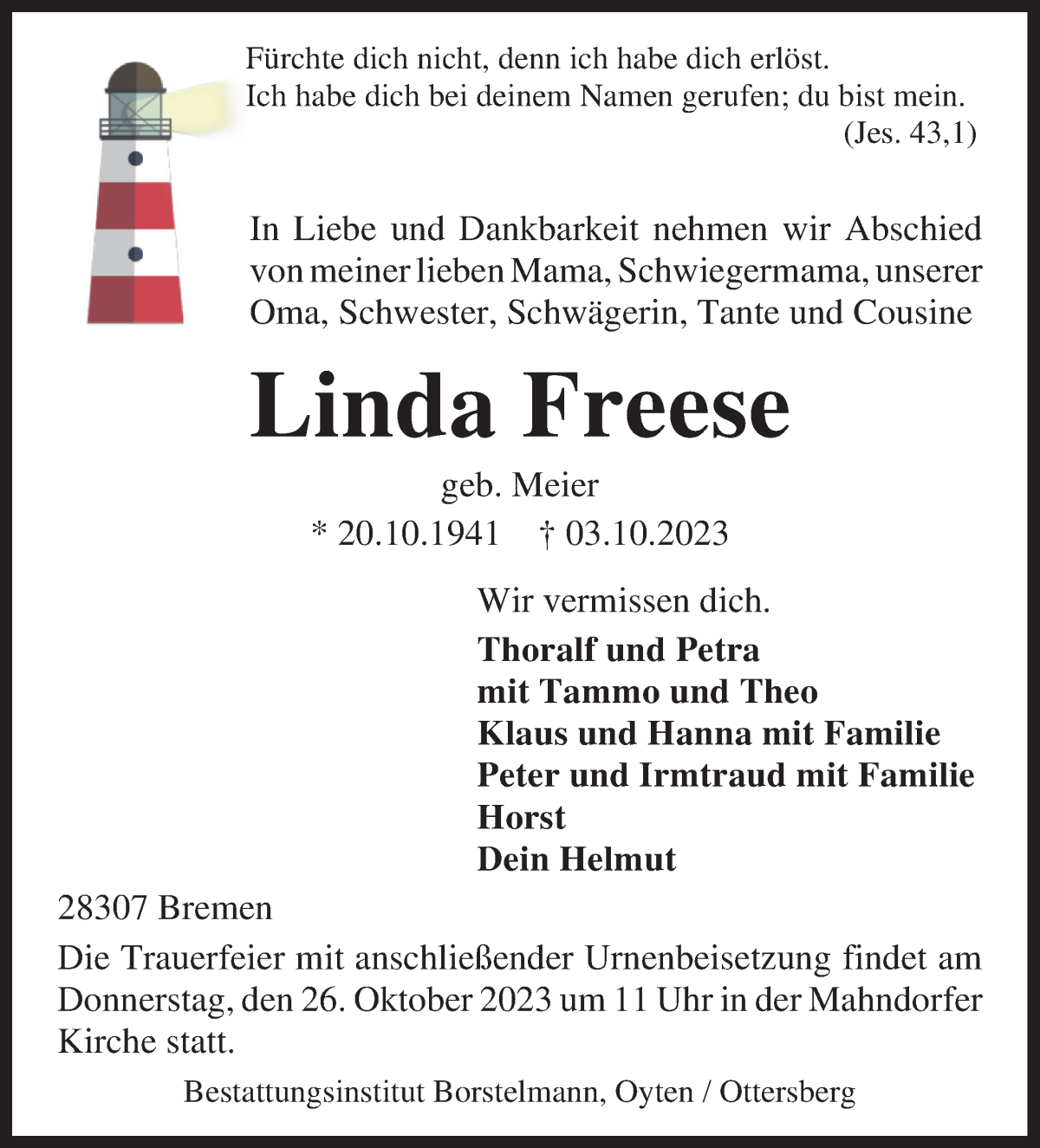 Traueranzeige von Linda Freese von WESER-KURIER