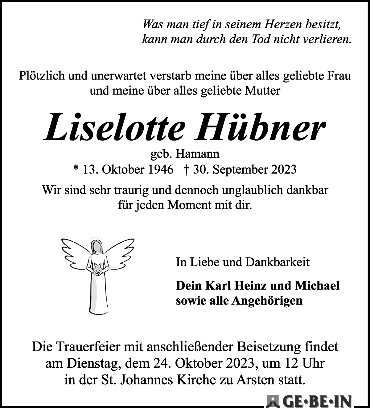 Traueranzeige von Liselotte Hübner von WESER-KURIER