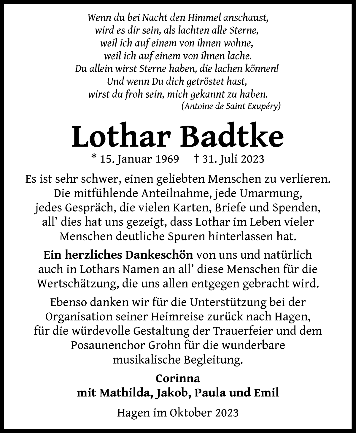 Traueranzeige von Lothar Badtke von WESER-KURIER