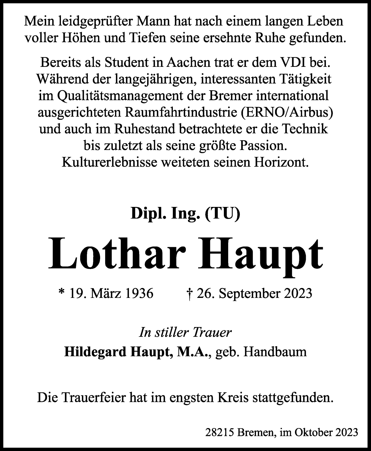 Traueranzeige von Lothar Haupt von WESER-KURIER