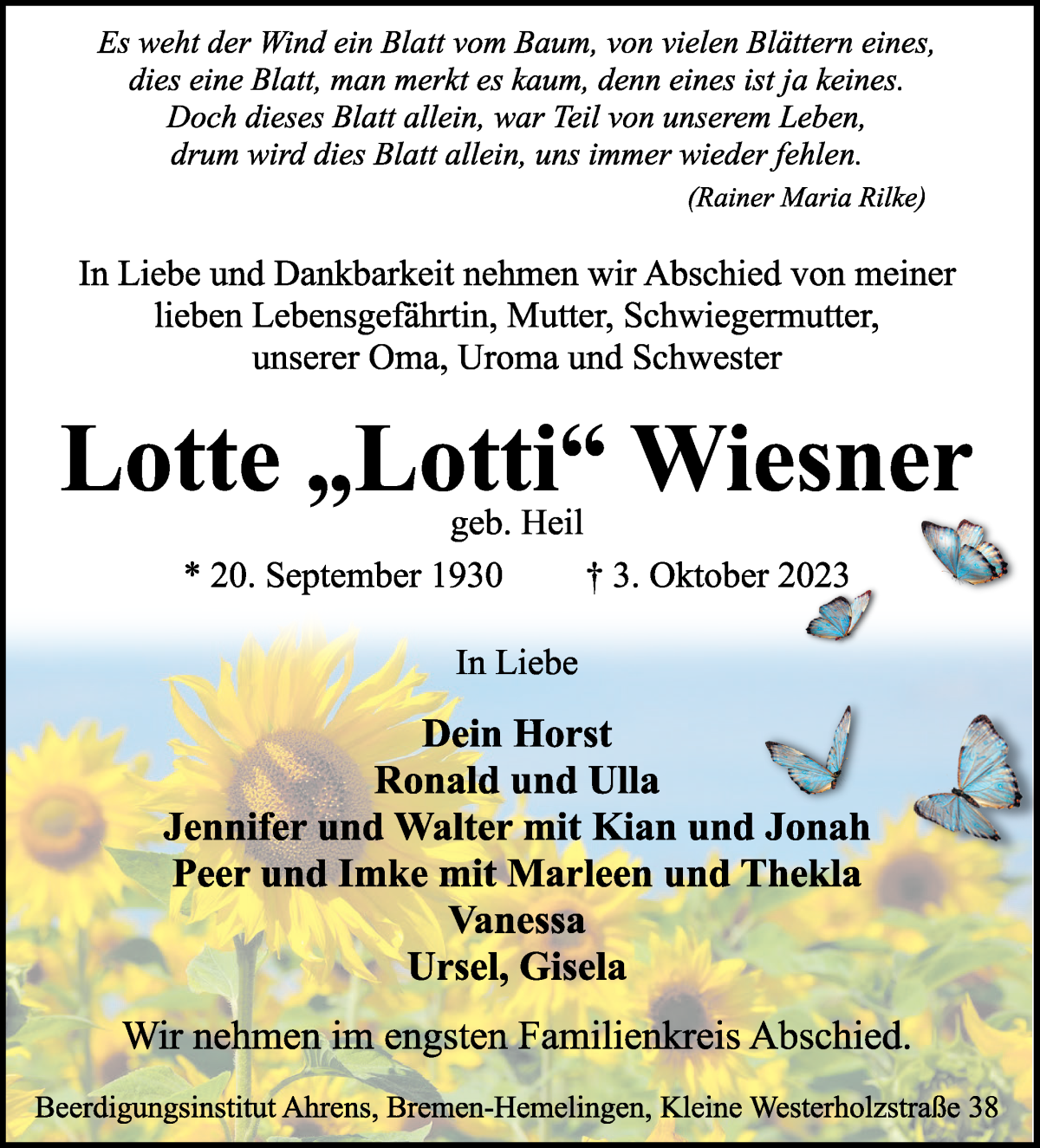 Traueranzeige von Lotte Wiesner von WESER-KURIER