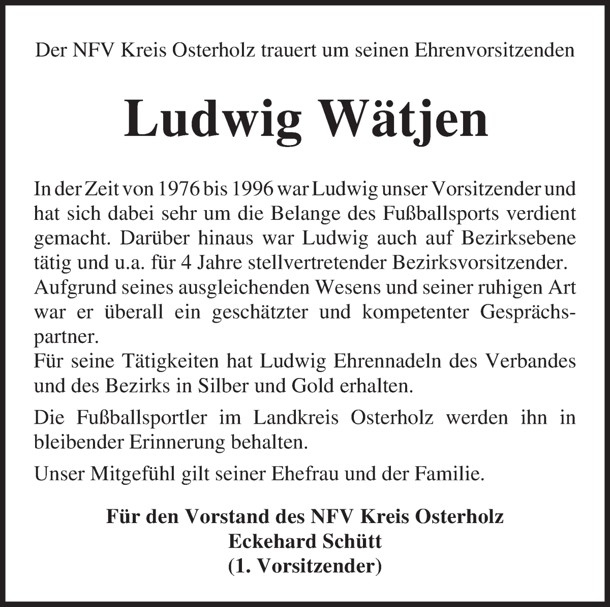 Traueranzeige von Ludwig Wätjen von Wuemme Zeitung