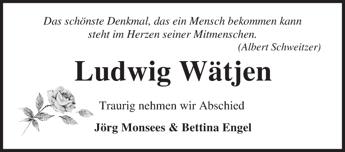 Traueranzeige von Ludwig Wätjen von Osterholzer Kreisblatt