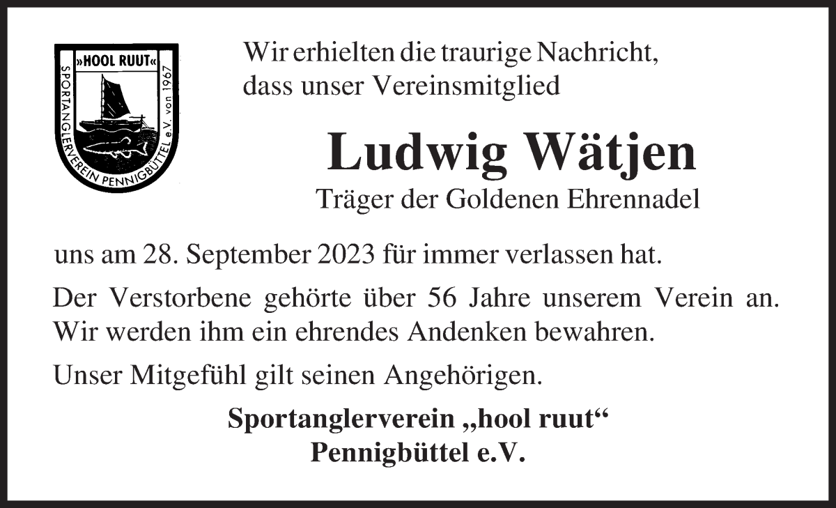 Traueranzeige von Ludwig Wätjen von Osterholzer Kreisblatt