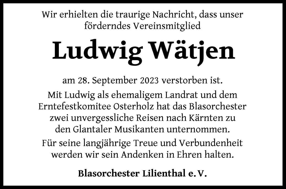 Traueranzeige von Ludwig Wätjen von Wuemme Zeitung