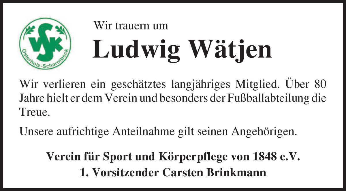 Traueranzeige von Ludwig Wätjen von Osterholzer Kreisblatt