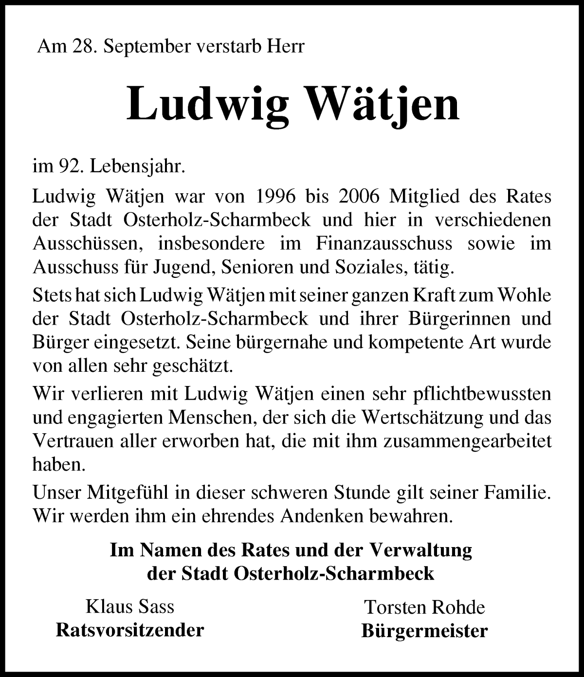 Traueranzeige von Ludwig Wätjen von Osterholzer Kreisblatt