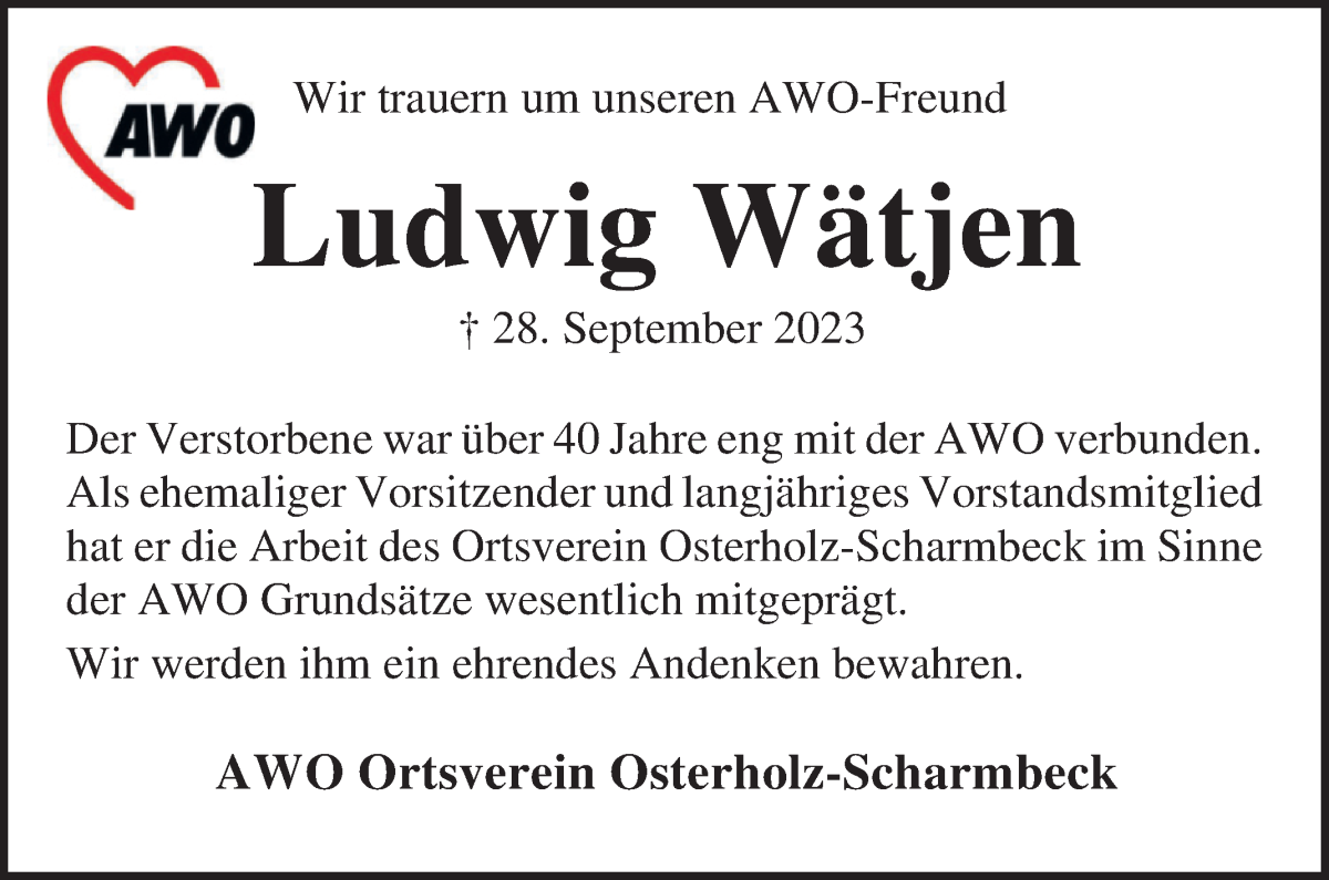 Traueranzeige von Ludwig Wätjen von Osterholzer Kreisblatt