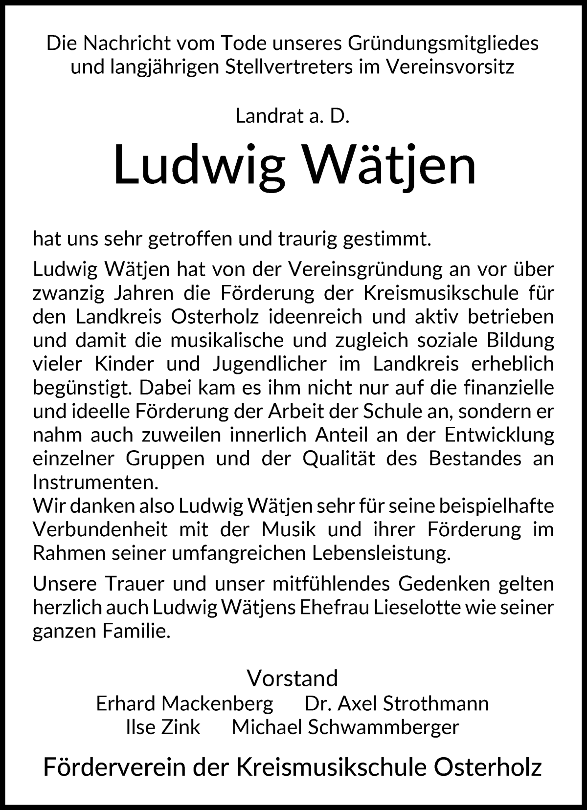 Traueranzeige von Ludwig Wätjen von Osterholzer Kreisblatt