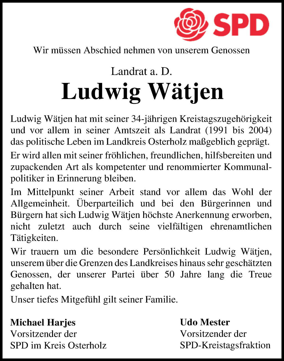 Traueranzeige von Ludwig Wätjen von Wuemme Zeitung