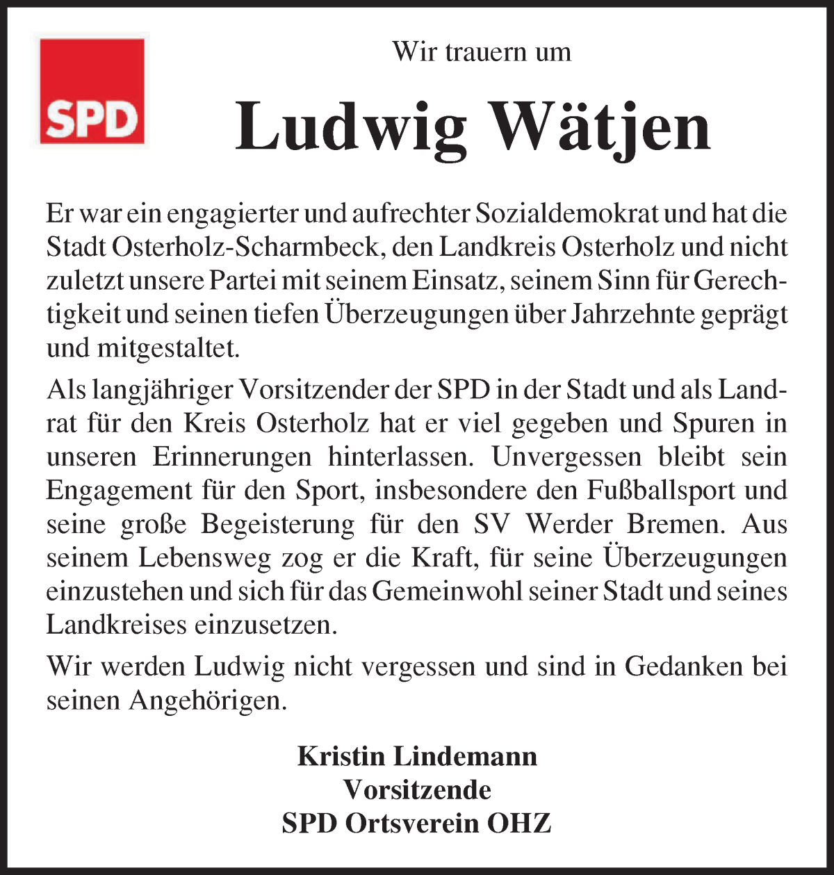 Traueranzeige von Ludwig Wätjen von Osterholzer Kreisblatt