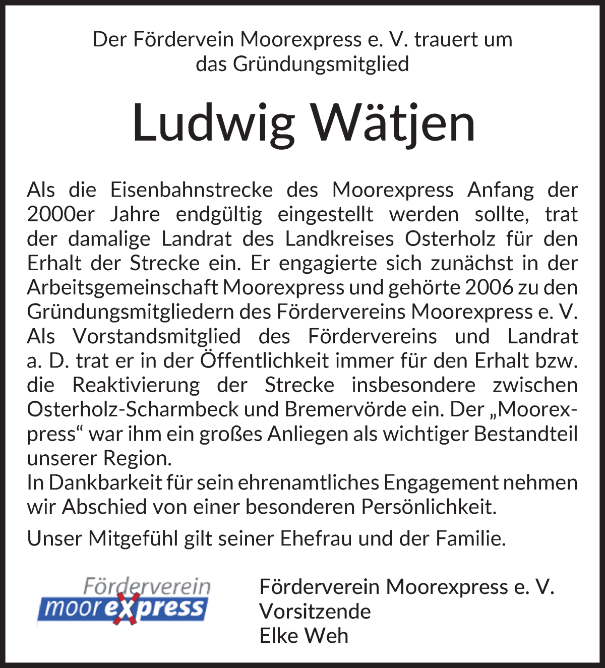 Traueranzeige von Ludwig Wätjen von Osterholzer Kreisblatt