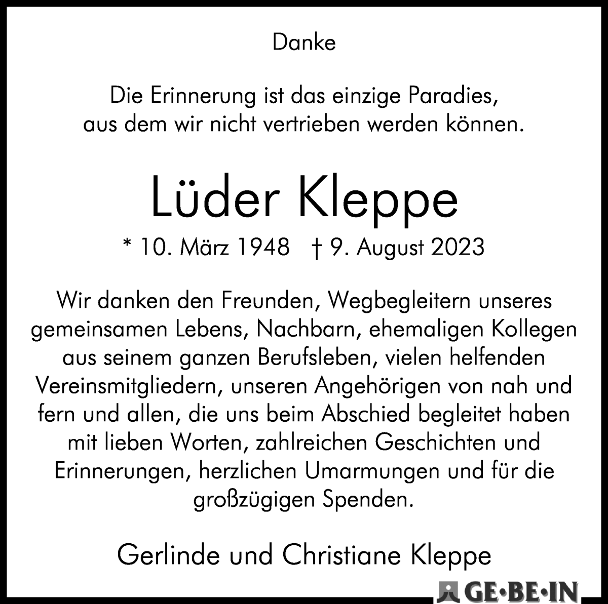 Traueranzeige von Lüder Kleppe von WESER-KURIER