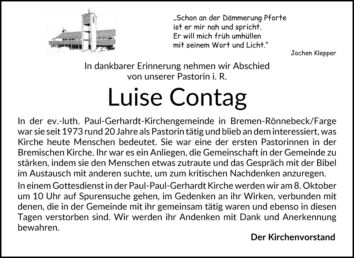 Traueranzeige von Luise Contag von Die Norddeutsche