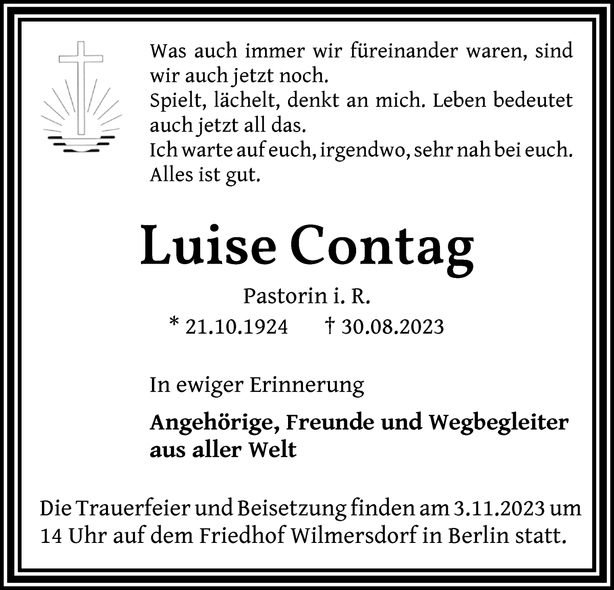 Traueranzeige von Luise Contag von WESER-KURIER