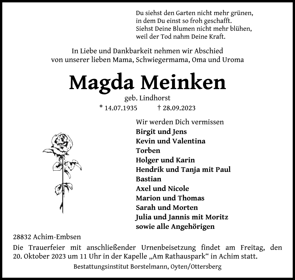 Traueranzeige von Magda Meinken von Achimer Kurier/Verdener Nachrichten