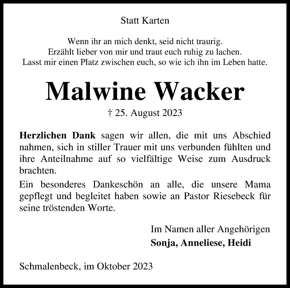 Traueranzeige von Malwine Wacker von Wuemme Zeitung