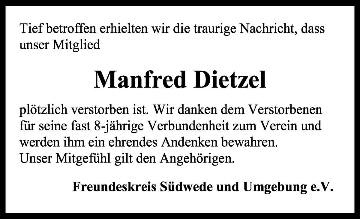 Traueranzeige von Manfred Dietzel von Wuemme Zeitung