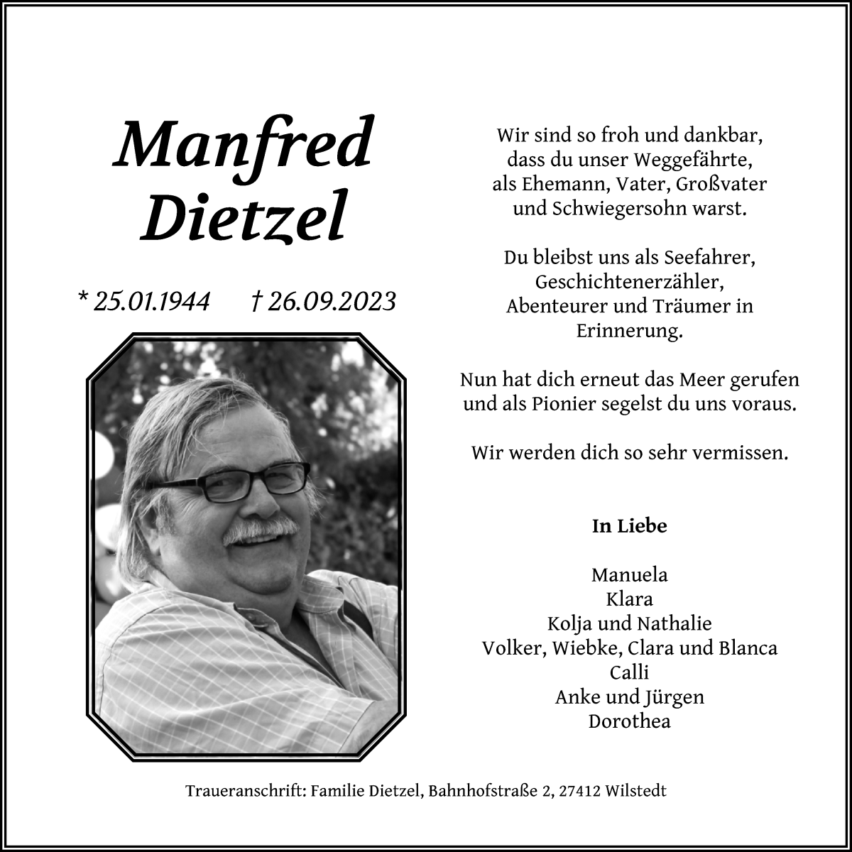 Traueranzeige von Manfred Dietzel von WESER-KURIER