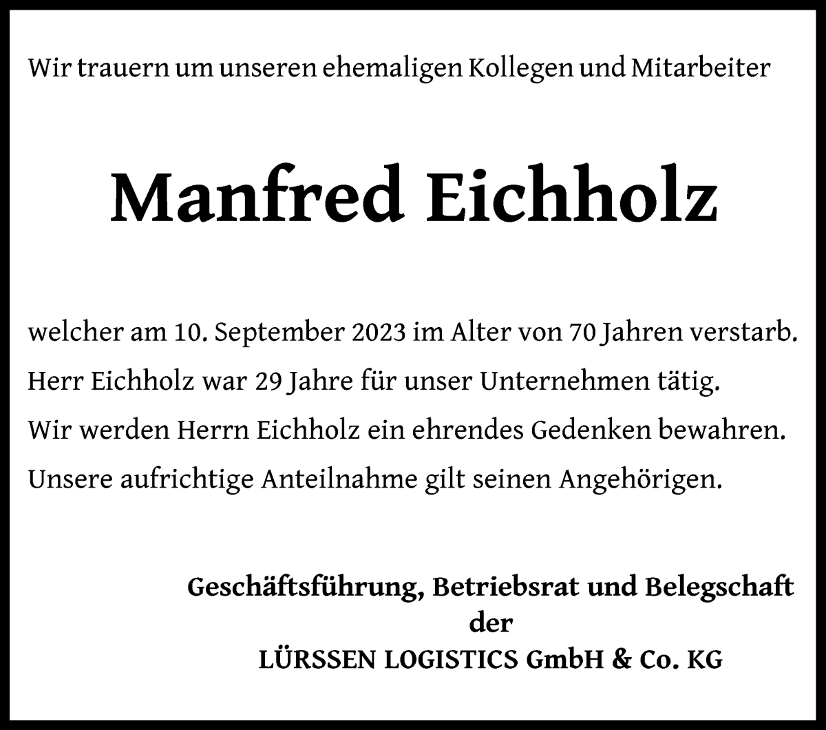 Traueranzeige von Manfred Eichholz von Die Norddeutsche