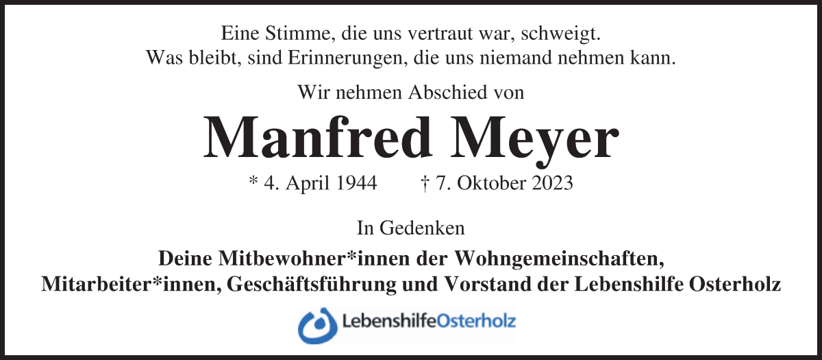 Traueranzeige von Manfred Meyer von Osterholzer Kreisblatt