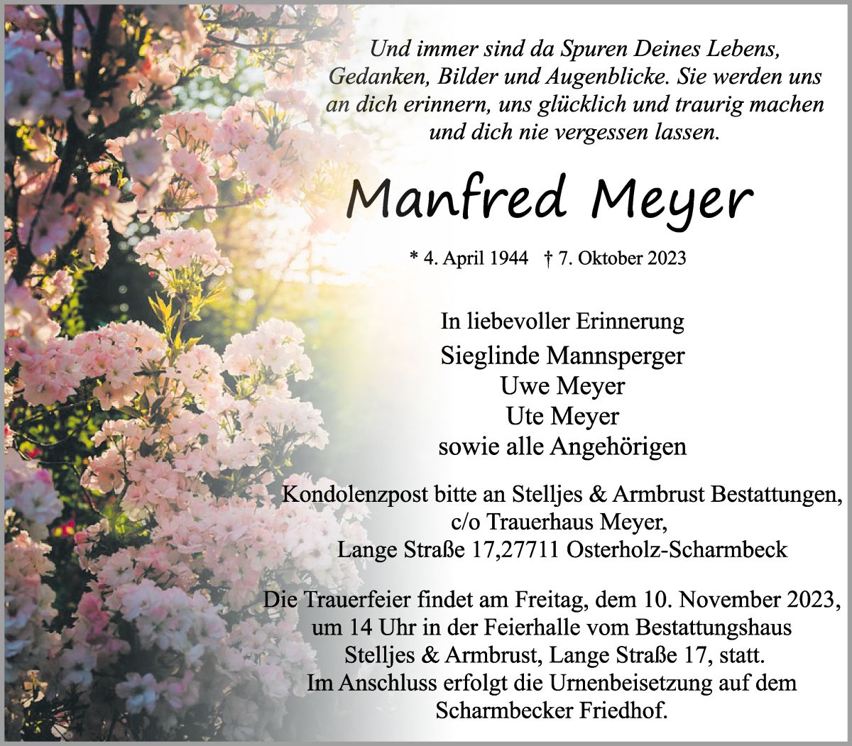 Traueranzeige von Manfred Meyer von Osterholzer Kreisblatt