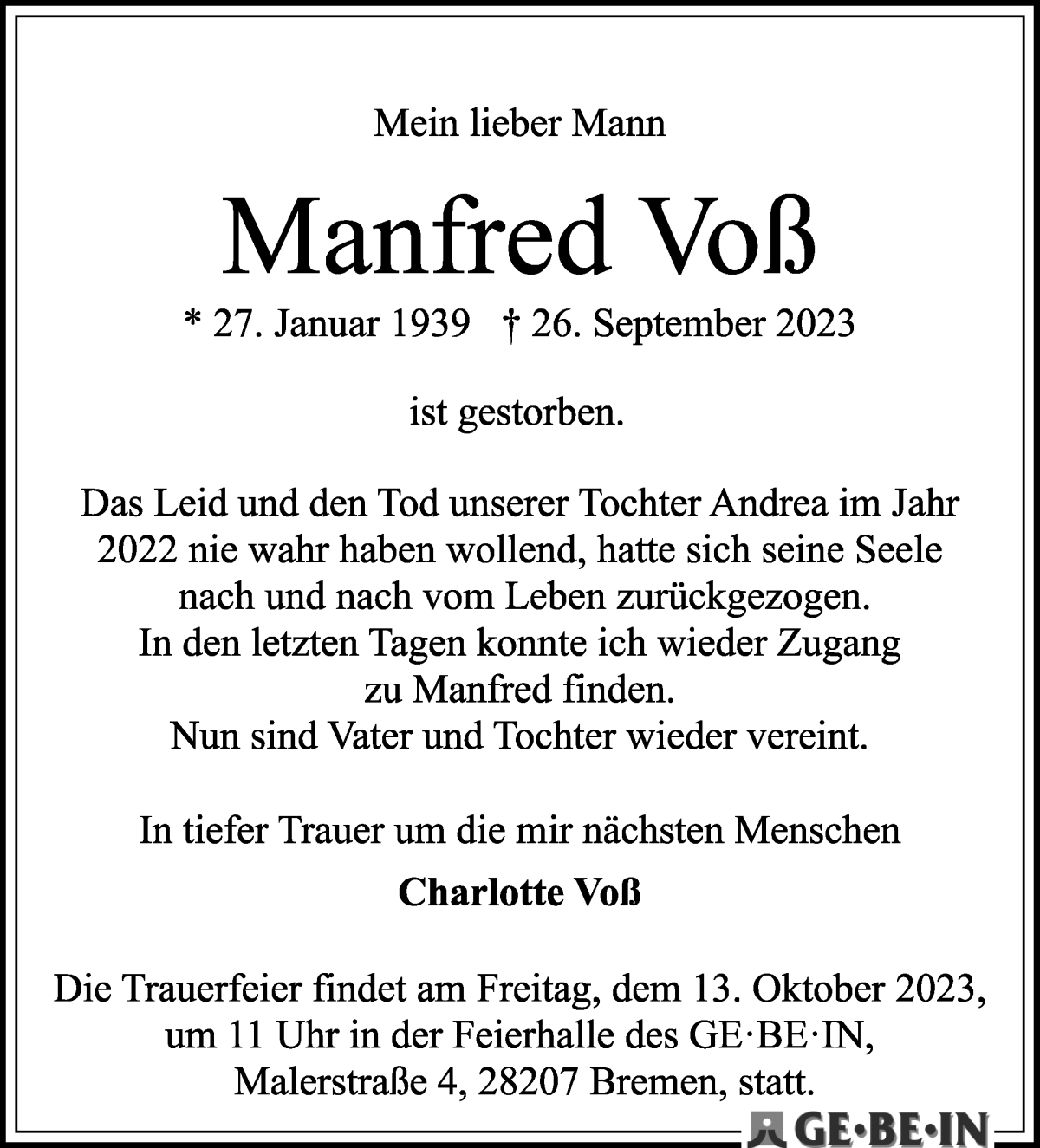 Traueranzeige von Manfred Voß von WESER-KURIER