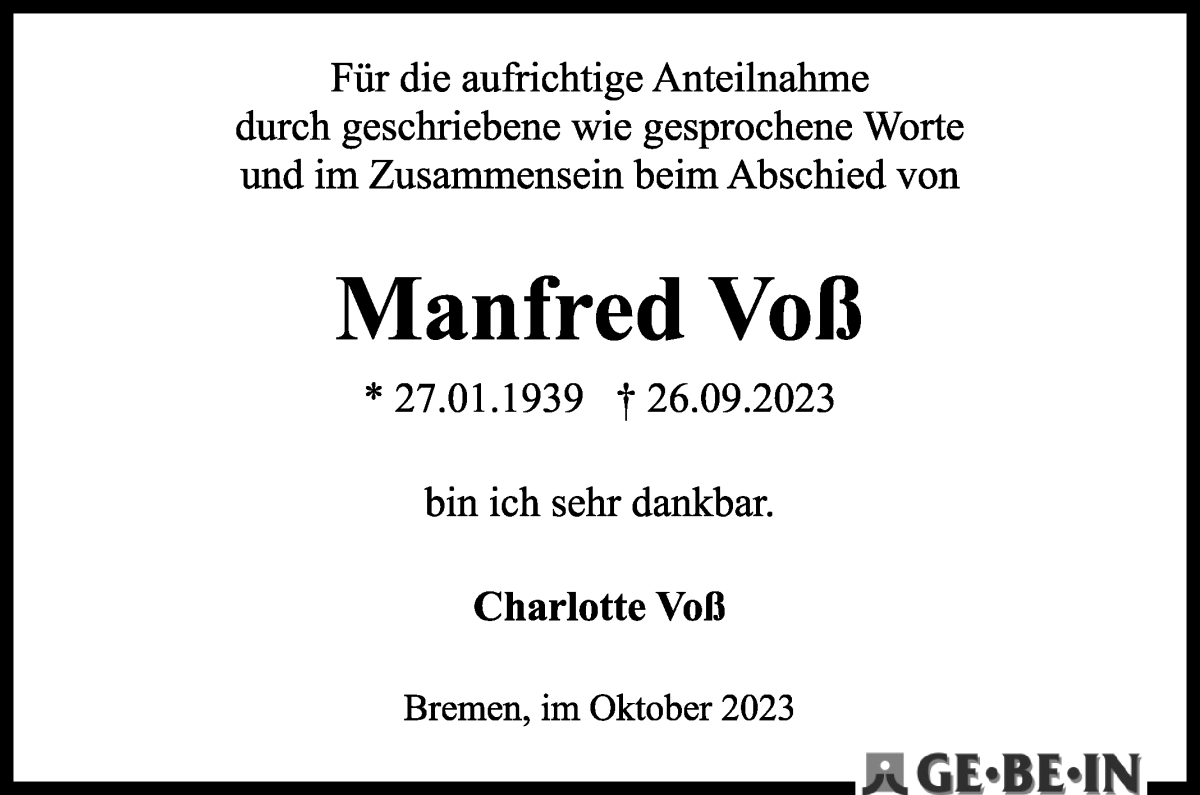 Traueranzeige von Manfred Voß von WESER-KURIER