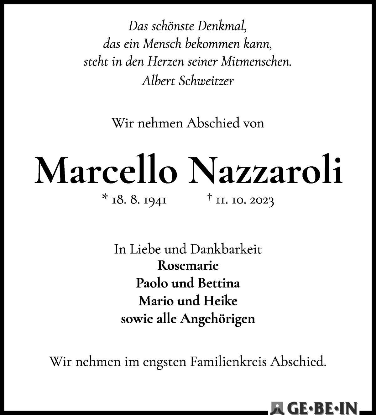 Traueranzeige von Marcello Nazzaroli von WESER-KURIER