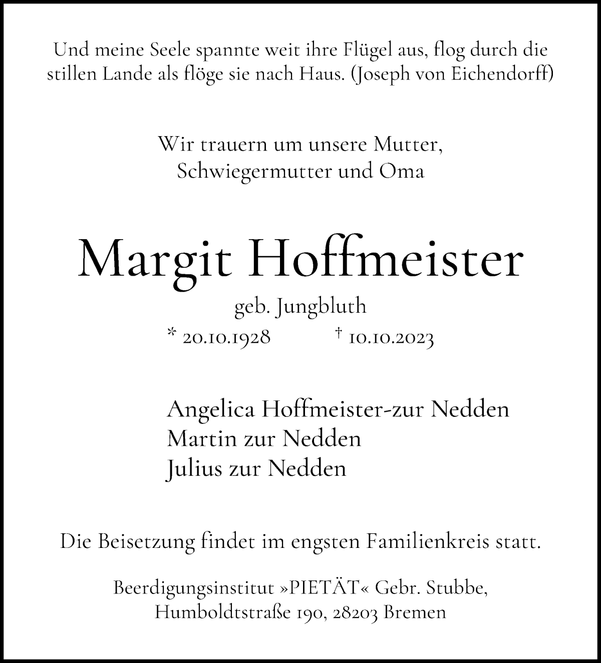 Traueranzeige von Margit Hoffmeister von WESER-KURIER