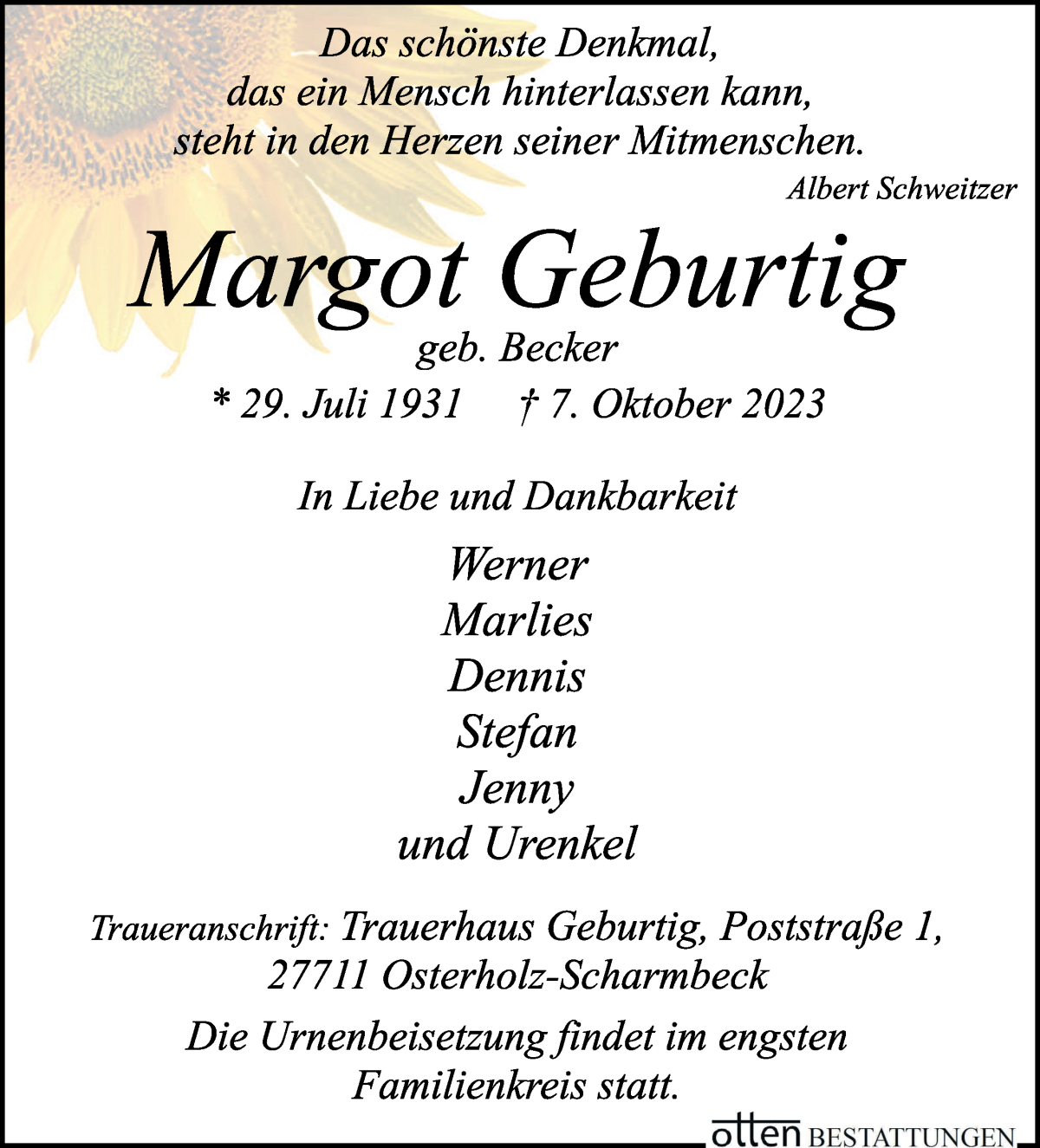 Traueranzeige von Margot Geburtig von Osterholzer Kreisblatt
