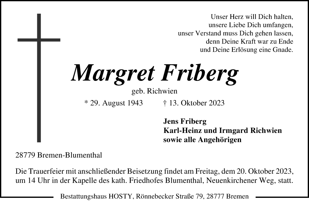 Traueranzeige von Margret Friberg von Die Norddeutsche