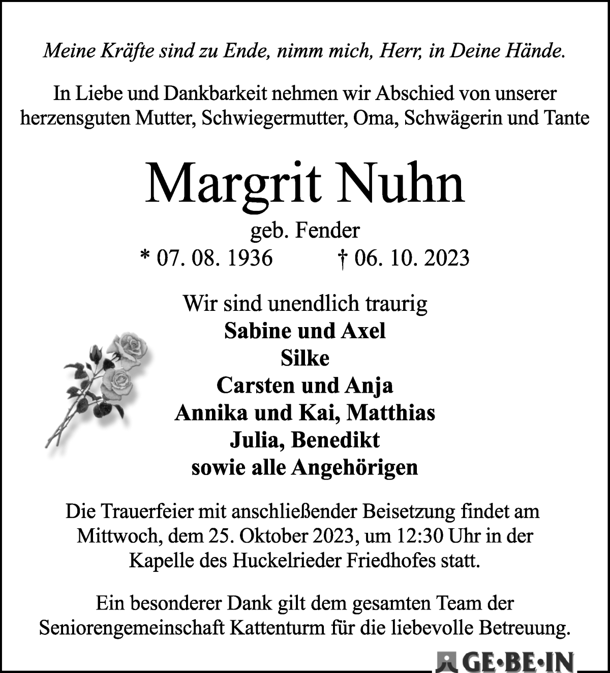 Traueranzeige von Margrit Nuhn von WESER-KURIER