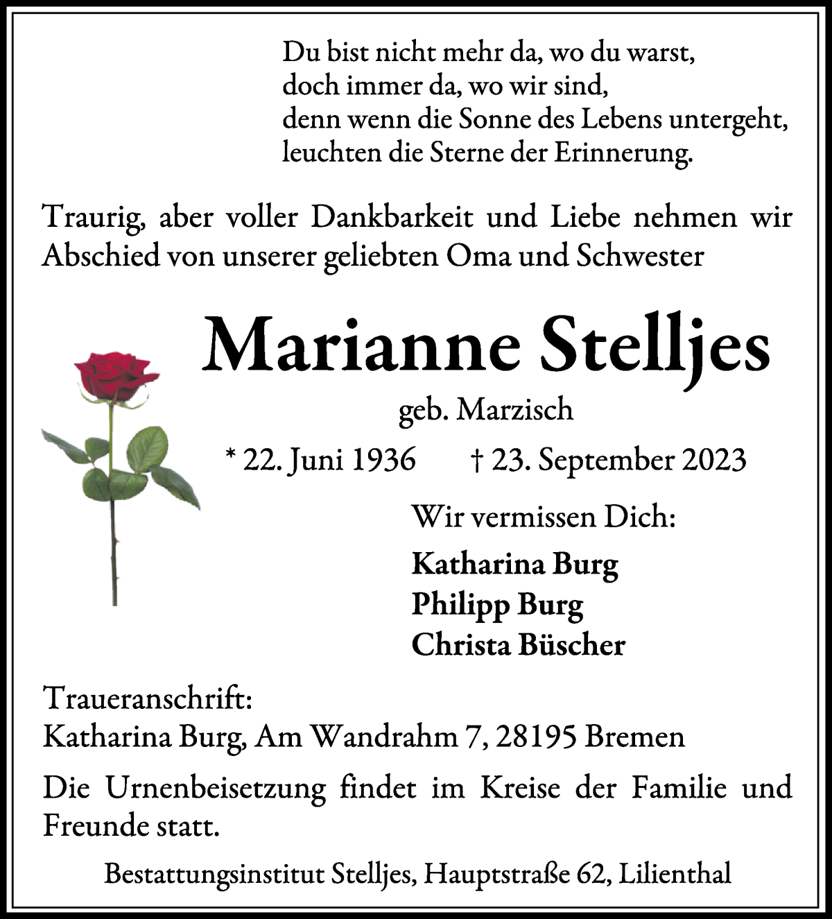 Traueranzeige von Marianne Stelljes von Wuemme Zeitung