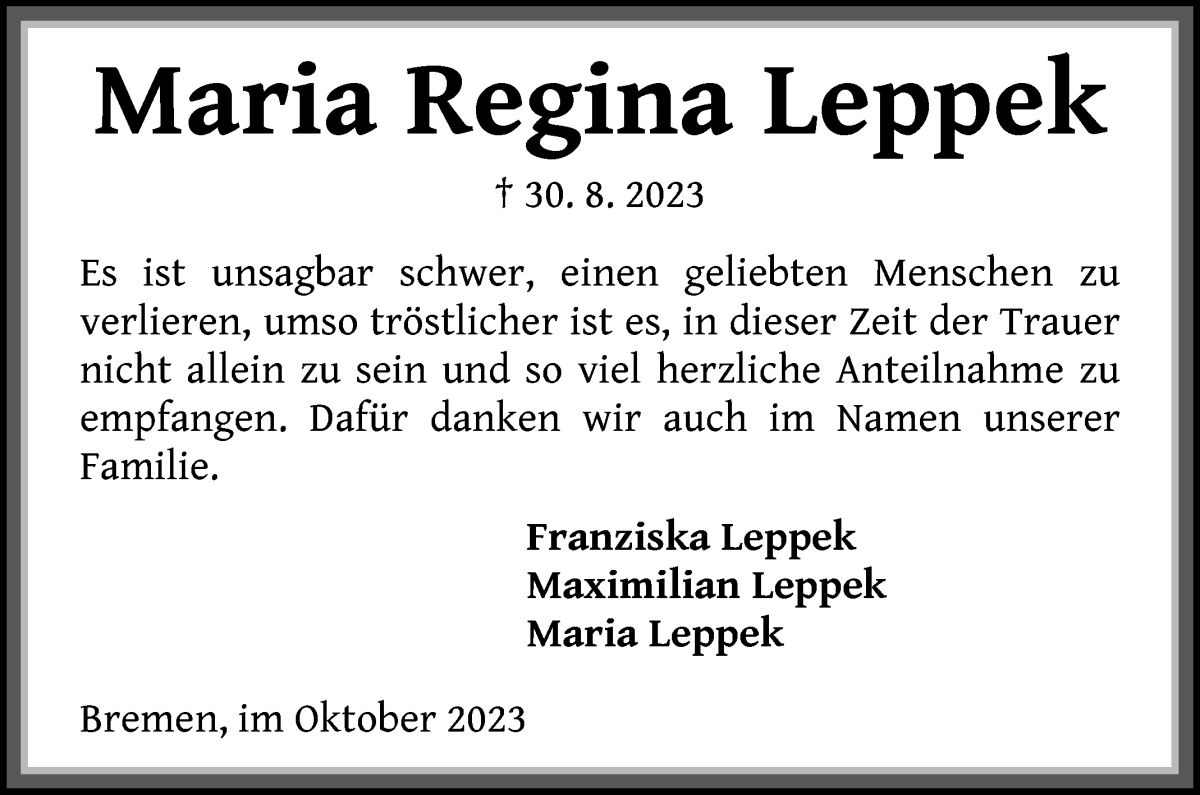 Traueranzeige von Maria Regina Leppek von WESER-KURIER