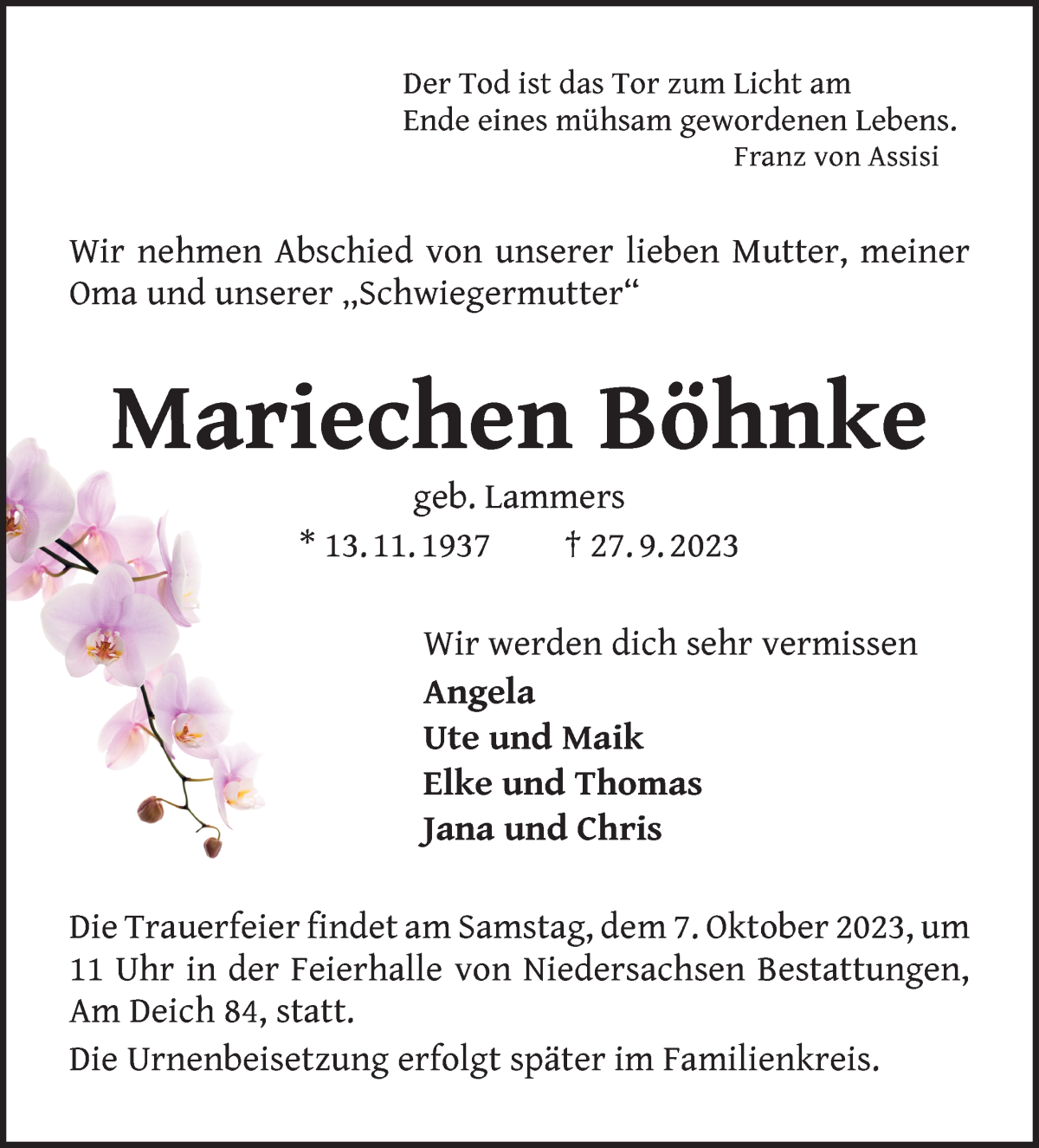 Traueranzeige von Mariechen Böhnke von WESER-KURIER