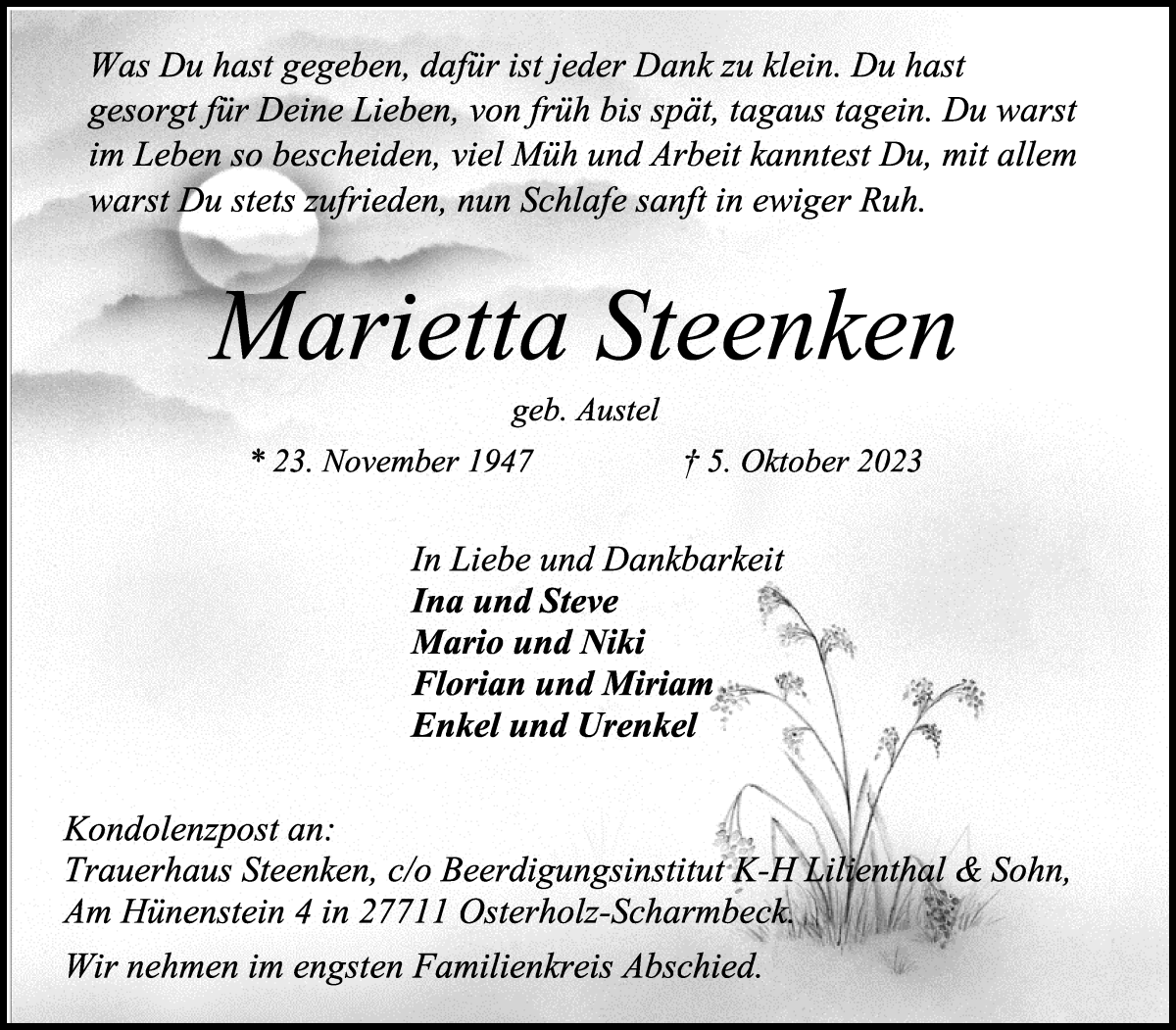 Traueranzeige von Marietta Steenken von Osterholzer Kreisblatt
