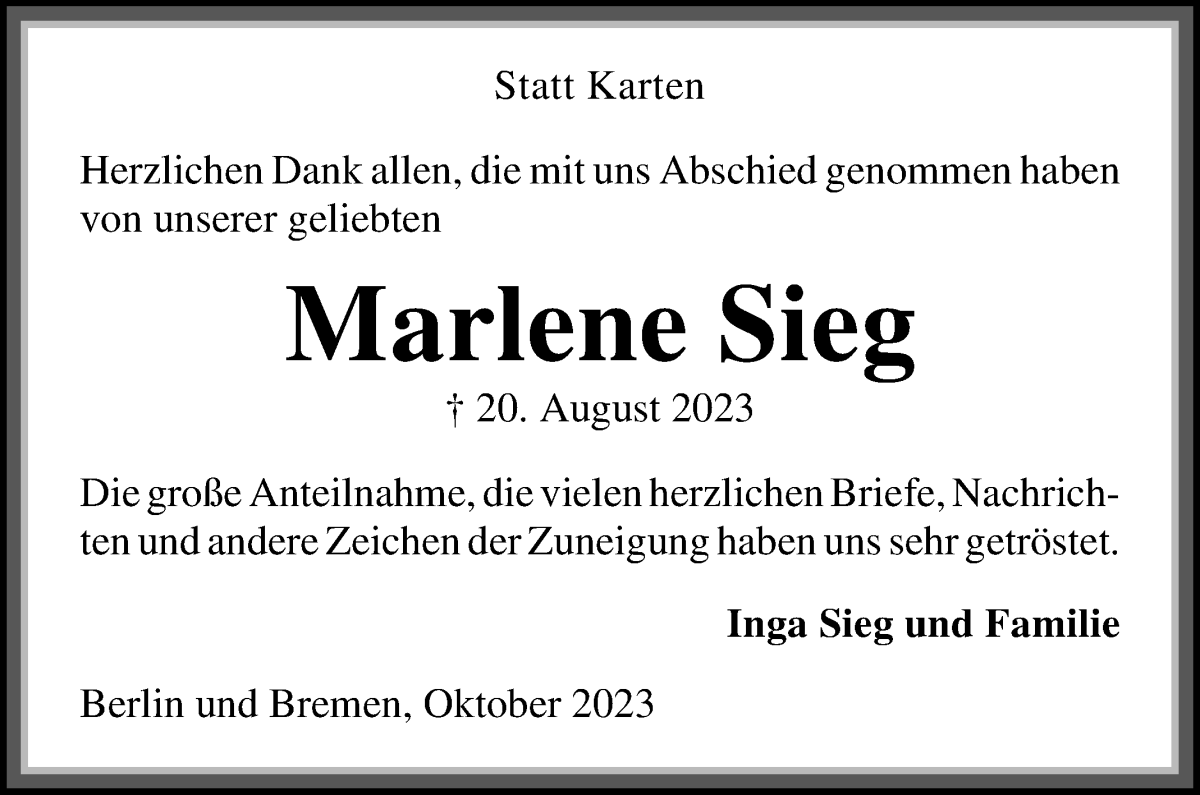 Traueranzeige von Marlene Sieg von Die Norddeutsche