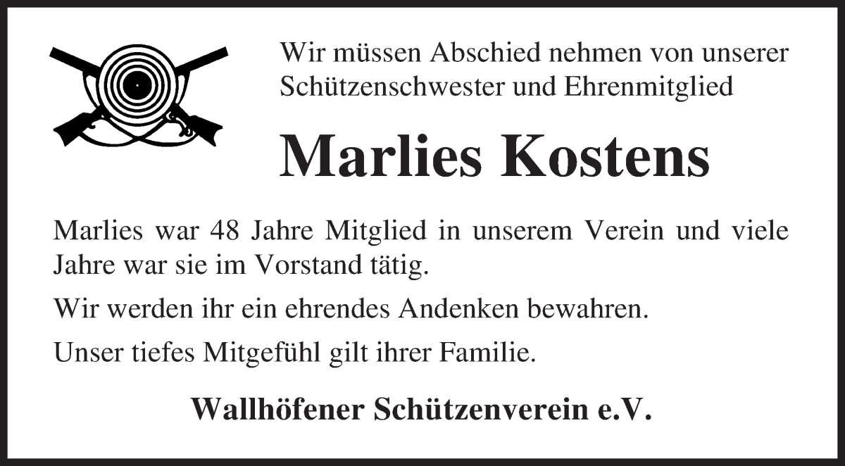 Traueranzeige von Marlies Kostens von Osterholzer Kreisblatt