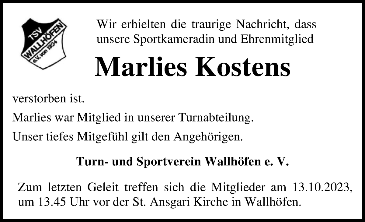 Traueranzeige von Marlies Kostens von Osterholzer Kreisblatt