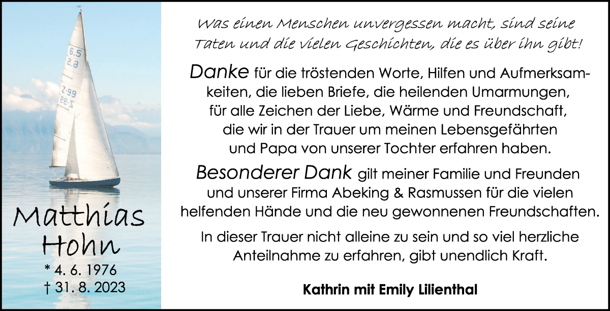 Traueranzeige von Matthias Hohn von Die Norddeutsche