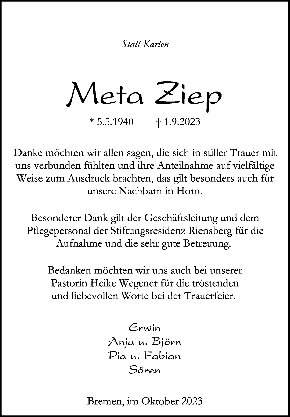 Traueranzeige von Meta Ziep von WESER-KURIER