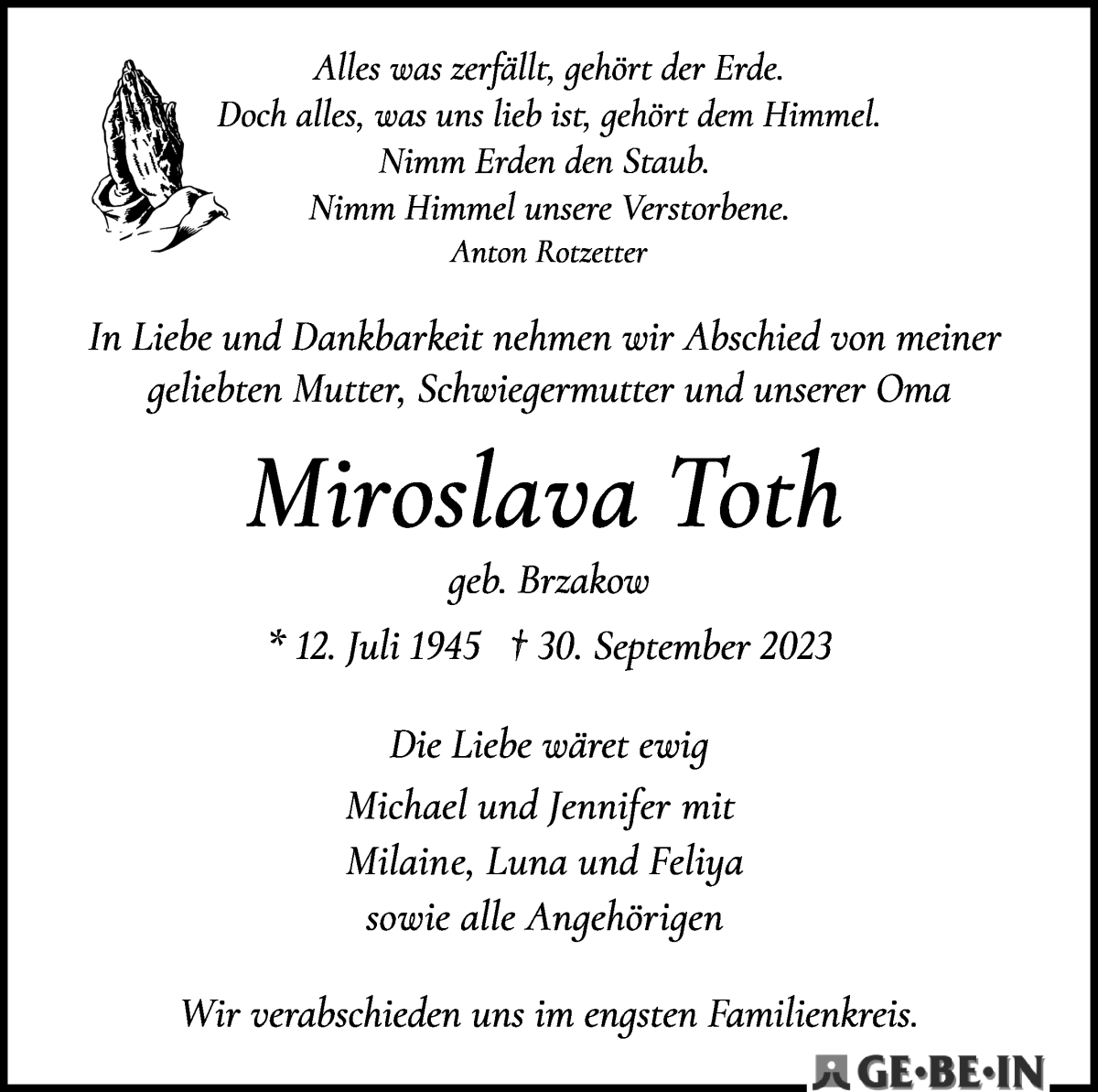 Traueranzeige von Miroslava Toth von WESER-KURIER