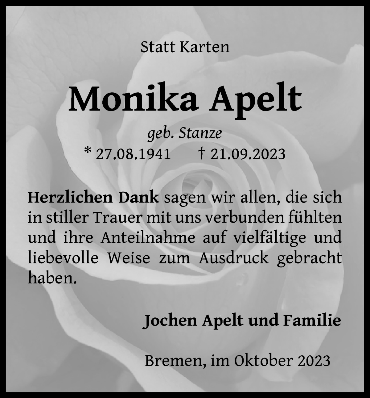 Traueranzeige von Monika Apelt von WESER-KURIER