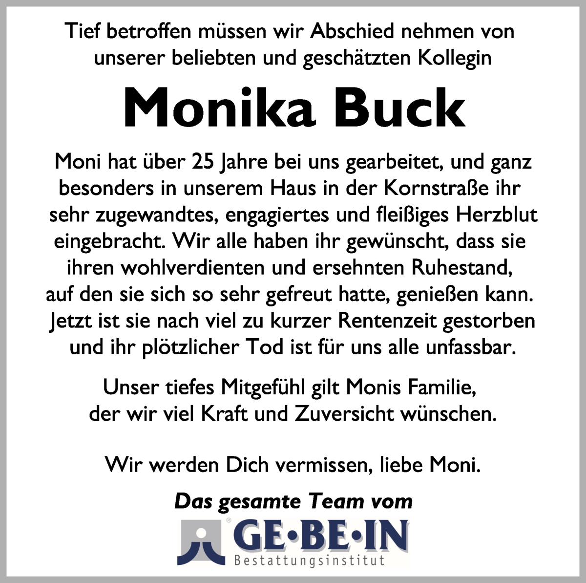 Traueranzeige von Monika Buck von WESER-KURIER