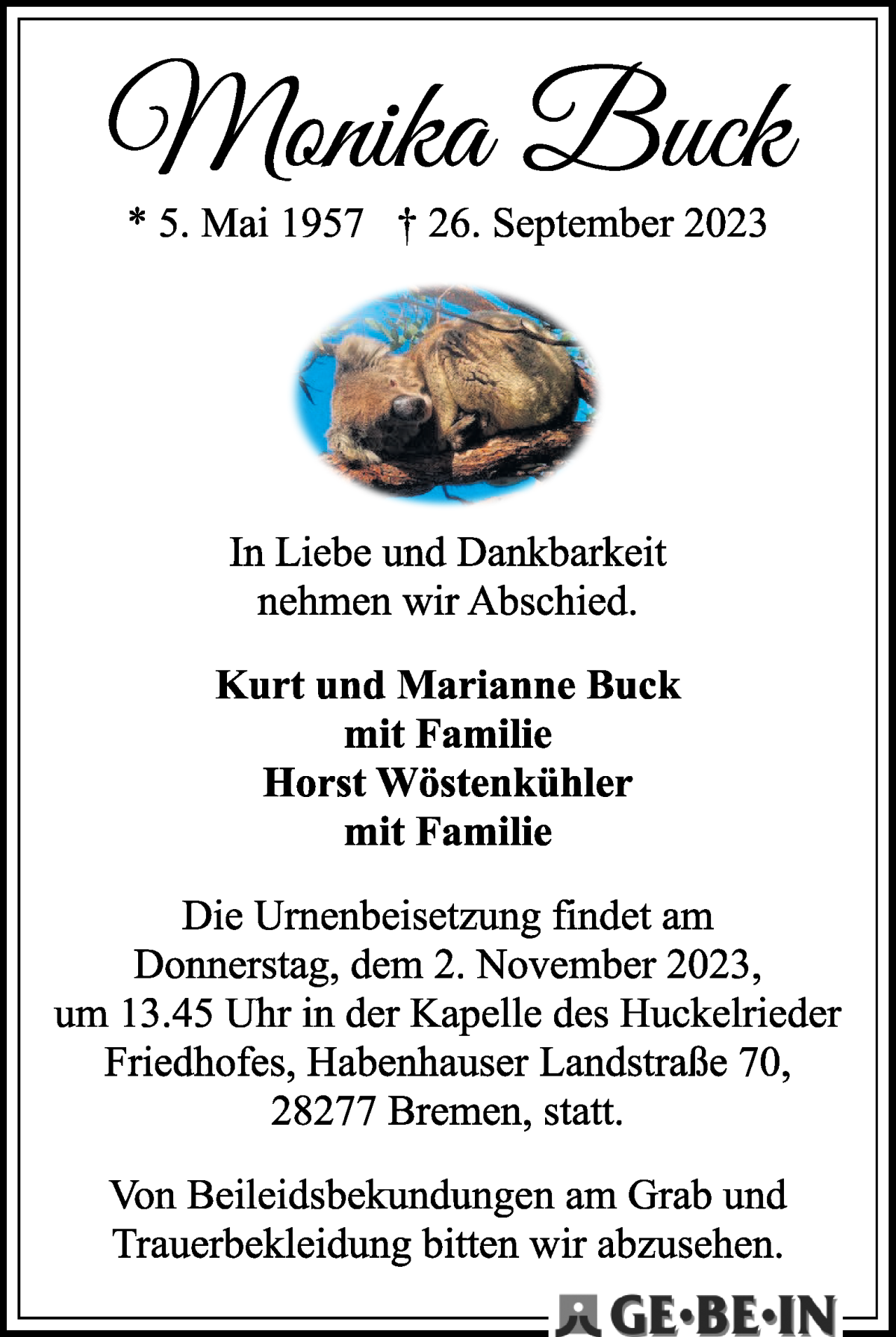 Traueranzeige von Monika Buck von WESER-KURIER