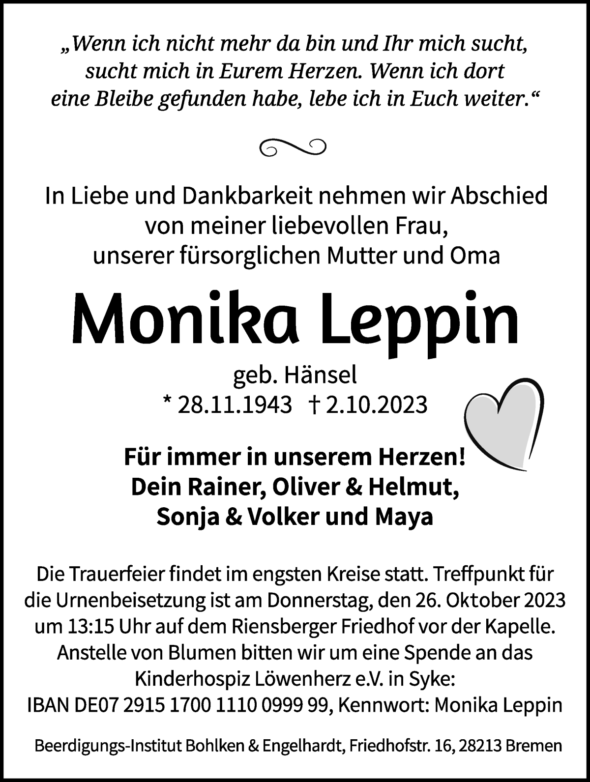Traueranzeige von Monika Leppin von WESER-KURIER