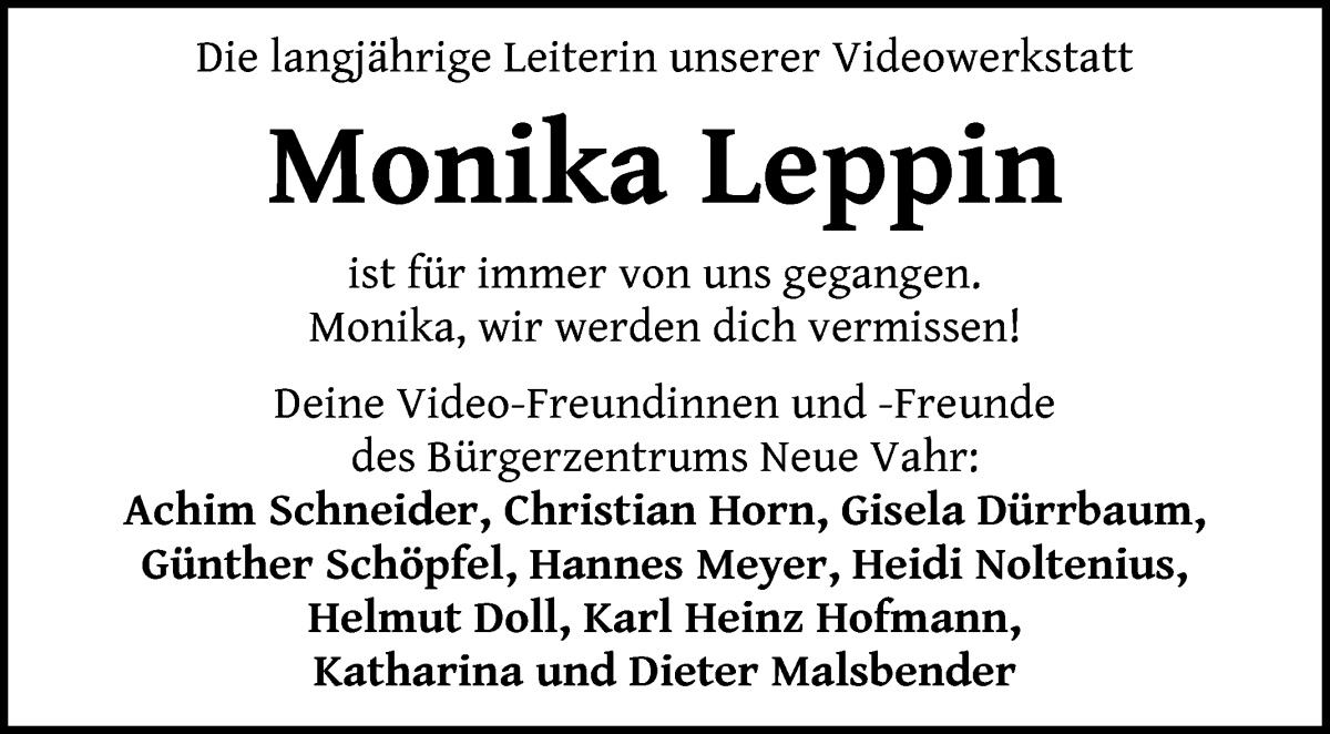 Traueranzeige von Monika Leppin von WESER-KURIER