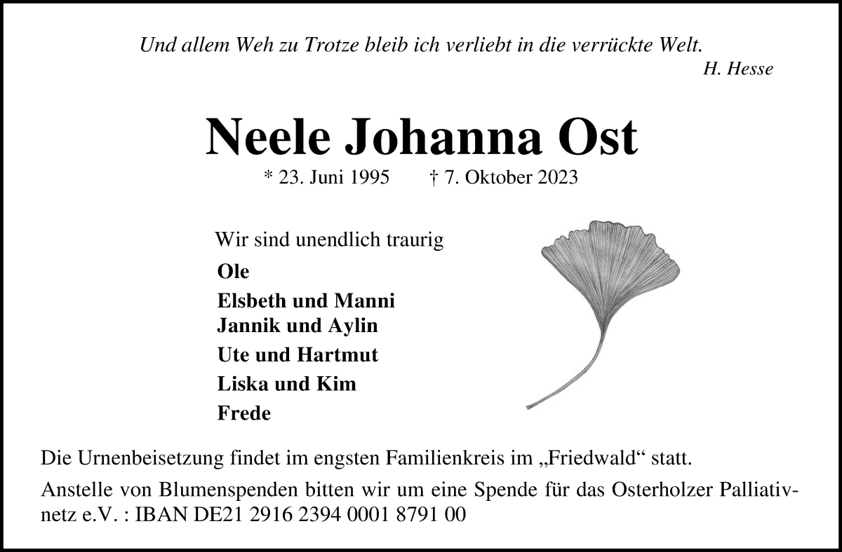 Traueranzeige von Neele Johanna Ost von Osterholzer Kreisblatt